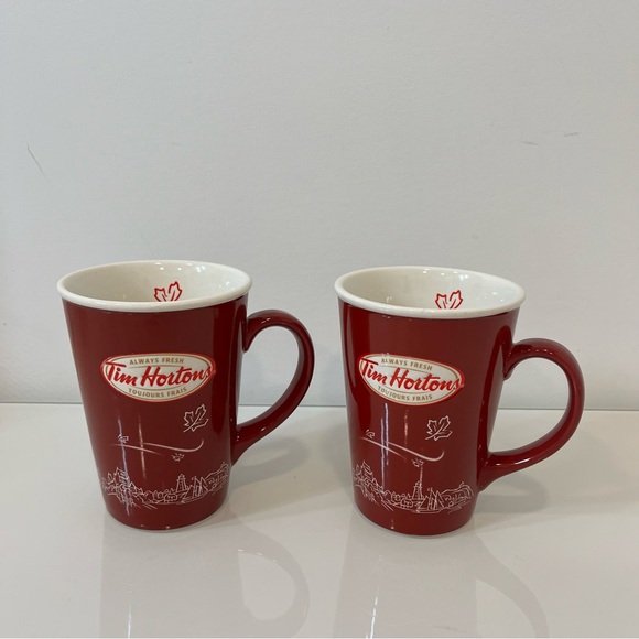 2 Tim Hortons 16 oz Mug Limited Edition Red Fall Winter Coffee Cup #010 2010 - Picture 1 of 6